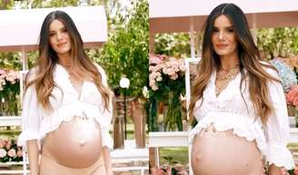 Camila Queiroz exibe barrigão em chá de bebê da filha com Klebber Toledo: festa teve bolo de 4 andares e flores elegantes.