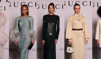 Plumas, brilhos e silhuetas poderosas: 30 fotos de look elegantes das famosas com tendências de moda festa para evento Gucci.