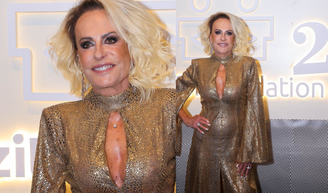 Decotão, brilho e fenda! Ana Maria Braga entrega glamour e sensualidade em look dourado durante noite beneficente no Rio.