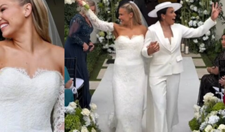 Cerimônia íntima ao ar livre e looks sofisticados: o casamento de Marta Silva com a ex-jogadora Carrie Lawrence na Flória.