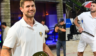 Ken profissões! 4 dias após sair do ‘BBB 26’, Jonas Sulzbach mostra que segue competitivo e se joga no beach tennis com famosos; veja fotos.