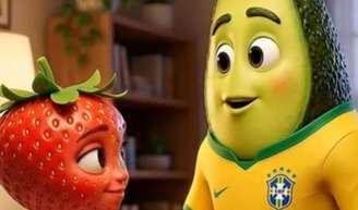 Abacatudo e Moranguete são personagens das novelas das frutas, criada por IA.