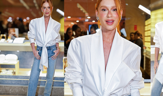 Ela pode tudo! Marina Ruy Barbosa aposta em camisa de grife de mais de R$ 16 mil e eleva o jeans básico em evento de moda em São Paulo.