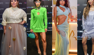 Bolsa de peixe, sapato de pelúcia e abdômen à mostra: Jade Picon, Tati Machado e mais famosas ousam com looks criativos em evento de beleza em SP.