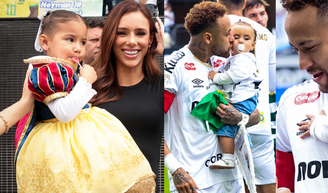 Mavie de Branca de Neve e Mel com camisa ‘papai’: filhas de Neymar e Bruna Biancardi roubam a cena com looks fofíssimos em jogo do Santos.