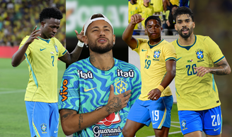 De olho na mala dos jogadores! Com Louis Vuitton azul, Hermès gigante e mochila cinza da Nike, Neymar, Vini Jr., Endrick e Paquetá somam juntos, só em bolsas e malas, quase R$ 270 mil.