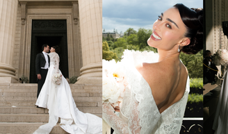 Renda francesa feita à mão, cristais e 640 horas de trabalho: o vestido de noiva de Elisa Zarzur para casar com Alexandre Negrão em Paris.