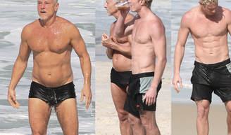 Genética boa! Aos 63 anos, Marcello Novaes exibe abdômen definido de sunga cavada em praia com o filho Pedro Novaes; fotos.