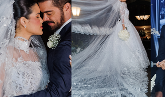 Mangas longas, véu catedral e renda delicada: Luana Sales usa dois vestidos de noiva em casamento de R$ 500 mil com Sidney Sampaio.