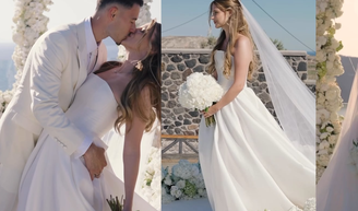 Vestido de noiva princesa tomara que caia, véu longo e buquê branco: Isabella Rousso se casa com Gabriel Martinelli em cerimônia intimista para 40 convidados em Santorini; fotos.