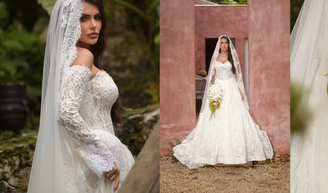 Vestido de noiva com renda, mangas longas e cauda volumosa: Isabella Arantes rouba a cena em casamento com Gabriel Medina prestigiado por Neymar e Bruna Biancardi; fotos.