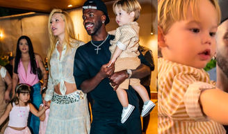 Com look de R$ 6 mil, Virgínia leva Vini Jr. para festa de família e José Leonardo ganha colo do 'padrasto'.