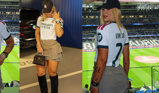 Camisa de Vini Jr., botas de cano alto e Hermès de R$ 50 mil: o look fashionista de Virgínia para prestigiar o 'mozão' após críticas da torcida do Real Madrid.
