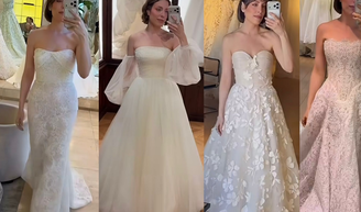 Vestido de noiva sereia com renda, princesa com mangas bufantes e mais: 10 modelos que Fabiana Justus experimentou antes de renovar votos.