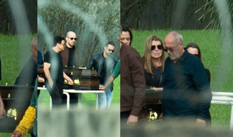 Dupla de Rick por 40 anos, Renner carrega caixão do cantor para sepultamento; viúva Geralda Helena é amparada por amigos em fotos.