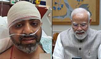 O primeiro-ministro da Índia, Narendra Modi (à direita), em uma chamada de vídeo com o piloto da flydubai Smit Machchhar