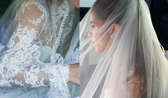 Renda floral, gola alta e véu sobre o rosto: o vestido de noiva clássico de Giulia Be para se casar com Conor Kennedy em igreja histórica do Rio de Janeiro que já recebeu princesa Isabel.