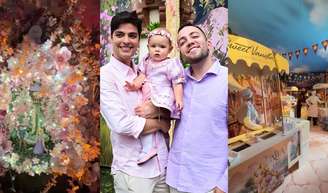 Lucas Rangel e Lucas Bley comemoram 1 ano da filha com mega festa temática da Rapunzel; decoração teve bolo com e LED e cidade cenográfica.