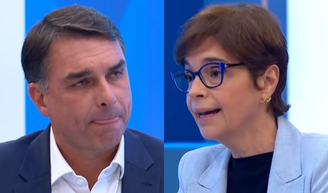 Após almoço com a cúpula da Globo, Flávio Bolsonaro é confrontado por Renata Lo Prete sobre filme do pai, ouve correção sobre Lula e vira alvo de críticas na web: 'Muito fraco e muito ruim'.