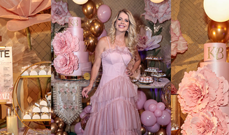 Vestido de princesa, flores gigantes e muito rosa: Karina Bacchi faz festa de 50 anos com ex-Tiazinha, ex-Ronaldinha e lançamento de revista evangélica; veja fotos.