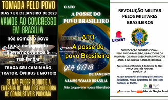 Print mostra três exemplos de vídeos publicados que convidavam usuários para “tomar o poder” no dia 8 de janeiro