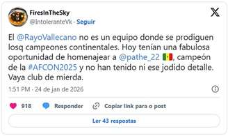 Postagem compartilhada por Cissé criticando o Rayo Vallecano – Reprodução
