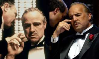 Marlon Brando em cena do clássico 'O Poderoso Chefão', à esquerda, e Billy Zane caracterizado como o astro na cinebiografia 'Waltzing With Brando', à direita.