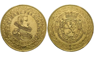 Moeda de ouro de 100 ducados de Fernando III de Habsburgo, cunhada em 1629, integra coleção