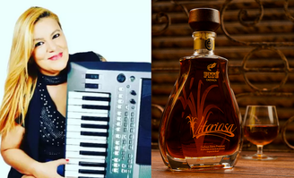 Montagem com fotos da cantora Laércia Dantas e da garrafa da Pitú Vitoriosa, vendida por R$ 260