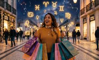 Uma mulher latina de aproximadamente 30 anos, expressão curiosa e levemente surpresa, segurando sacolas de compras coloridas. Ao redor dela, símbolos dourados dos signos do zodíaco e dos planetas Vênus, Júpiter e Netuno flutuam no ar. O fundo mistura o azul profundo do cosmos com o ambiente iluminado de uma rua comercial moderna. Estilo fotorrealista, iluminação cálida e dramática, sensação de descoberta e autoconhecimento. Paleta: azul índigo, dourado, roxo e rosa.