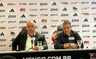 Marcos Braz e Bruno Spindel em coletiva no Ninho do Urubu 