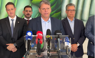 O governador de São Paulo, Tarcísio de Freitas, em coletiva de imprensa nesta terça-feira, 30