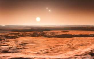 <p>Impressão artística mostra uma vista do exoplaneta Gliese 667Cd em direção à sua estrela progenitora</p>