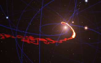 Esta simulação de uma nuvem de gás passando perto do buraco negro de massa extremamente elevada situado no centro da nossa galáxia mostra o processo em meados de 2013