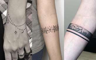 Montagem com três modelos de tatuagens no braço no formato de bracelete
