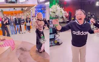 Ana Maria Braga faz brincadeira nos bastidores do Mais Você e produtora do programa se anima ao pegar o buquê da recém casada