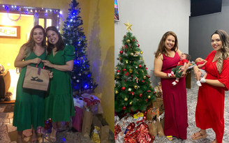 Alessandra e Amanda no Natal de 2022 (à esquerda), quando usaram verde, e no Natal de 2023 (à direita), já com os bebês nos braços.