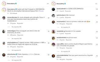 Perfil da Academia nas redes recebeu comentários de brasileiros após a divulgação dos vencedores do Oscar 2026