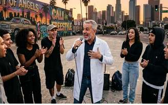Imagem ilustrativa do neurologista participando de uma roda de freestyle. Reprodução gerada por IA.