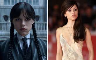 Jenna Ortega como Wandinha (foto de reprodução) e em imagem publicada em seu Instagram. Reprodução/Instagram @jennaortega.