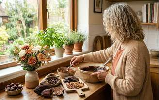 Brownie vegano com cacau puro e bombom de chocolate para equilíbrio hormonal na menopausa