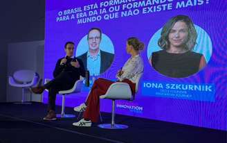 O presidente do Insper, Guilherme Martins, e a CEO do Education Journey, lona Szkurnik, em palestra no São Paulo Innovation Week (SPIW).