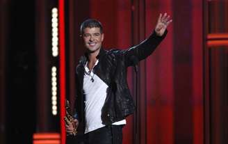 Cantor Robin Thicke ao receber prêmio durante o Billboard Music Awards, em Las Vegas, nos EUA. 18/05/2014.