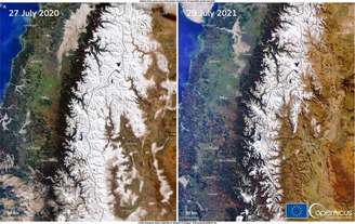 Uma combinação de imagens, obtidas por um dos satélites Copernicus Sentinel-3, nos dias 27 de julho de 2020 e 29 de julho de 2021 mostra o menor volume de neve que afeta a cordilheira dos Andes
DG DEFIS/Divulgação via REUTERS