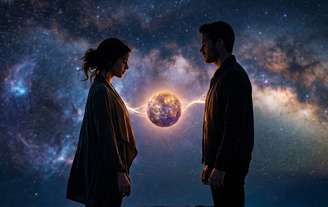 Duas silhuetas se olhando, separadas por um fio de luz e o planeta Mercúrio ao centro. Transmite a energia do "ex que volta" durante Mercúrio retrógrado