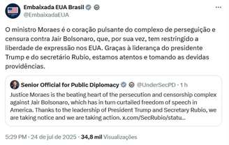 Embaixada dos Estados Unidos cita ministro Alexandre de Moraes, do STF, como 'coração pulsante do complexo de perseguição e censura' contra Jair Bolsonaro.
