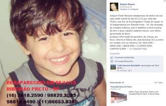 Joaquim Ponte Marques, três anos, está desaparecido em Ribeirão Preto (SP) desde a terça-feira