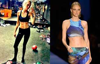 À esquerda, Carol Trentini publica foto de treino no Instagram e, à direita, Carol em desfile da Água de Coco em abril deste ano