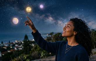 Fotografia realista de uma mulher jovem de pele morena, cabelos cacheados soltos, olhando para o céu noturno estrelado com expressão de determinação e leveza — como quem está prestes a dar um passo importante. Uma das mãos aponta suavemente para o céu. Planetas visíveis ao fundo com brilho dourado e lilás. Paleta em azul profundo, dourado e roxo suave. Estilo editorial fotográfico com iluminação natural noturna.