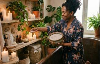 mulher fazendo banho de sal grosso para limpeza energética